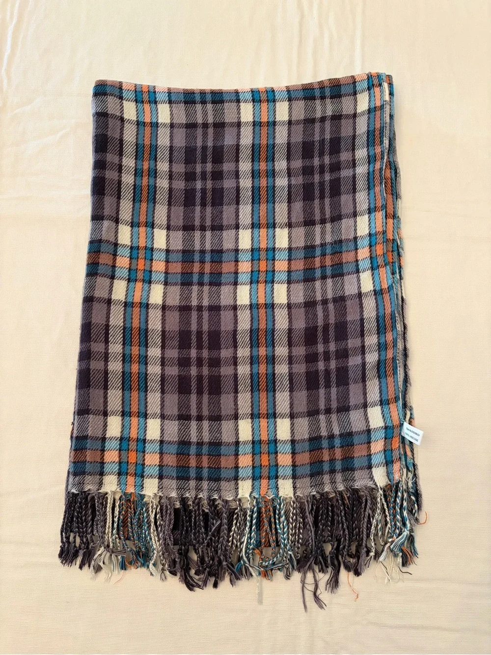 Large Plaid Fringe Scarf in Gray, Blue & Orange